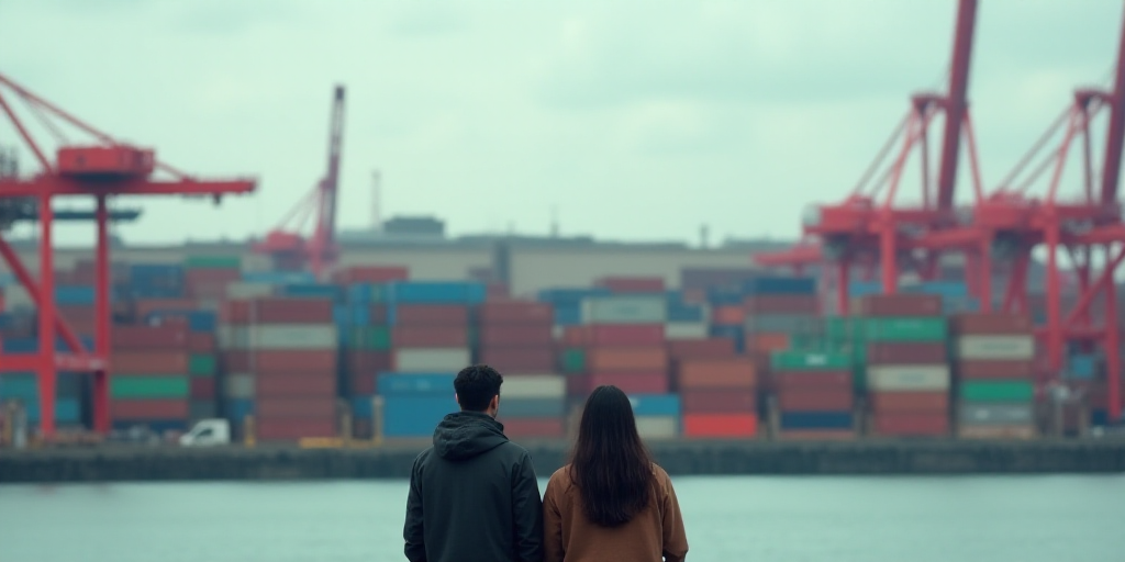 two people looking at a large container yard with cranes in the background and a body of water in th