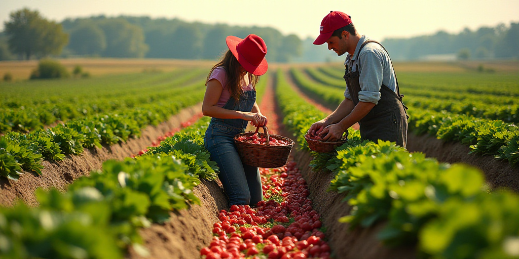 two people picking strawberries in a field with a red hat on and a red cap on, and one person holdin