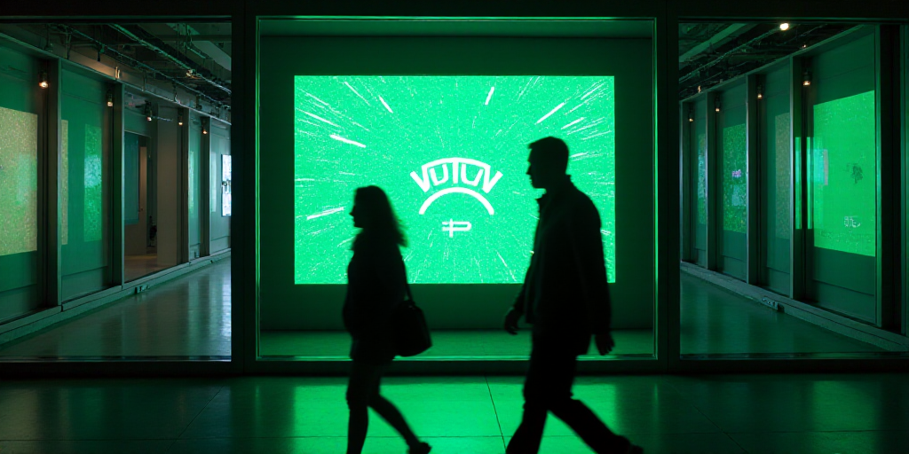 two people walking past a display of a computer screen in a building with neon lights on it and a ne