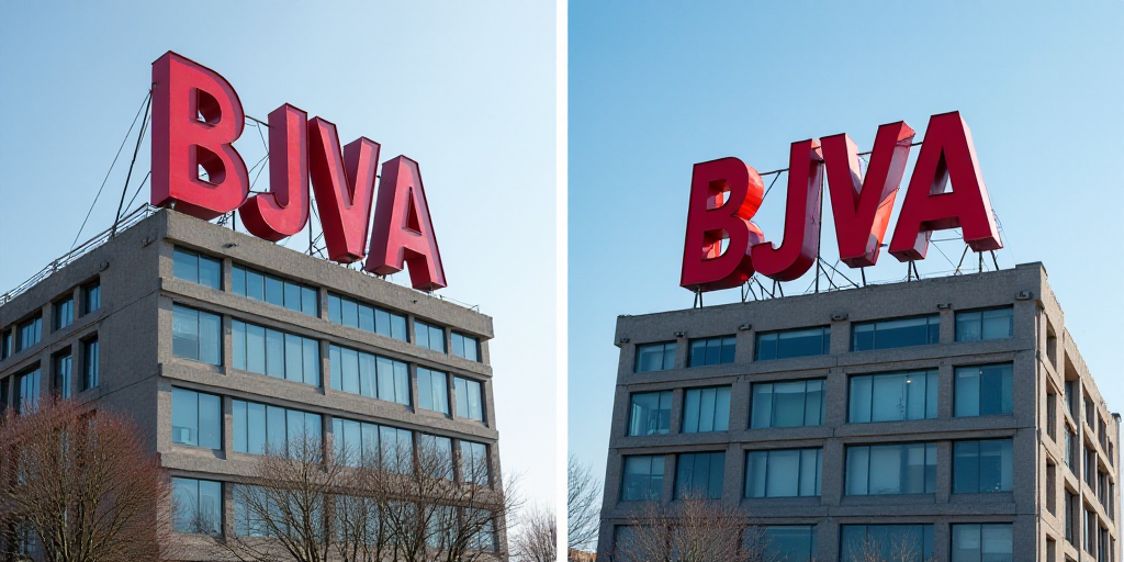 two photos of a building with a bjva sign on top of it and a building with a bjva sign on the top, A