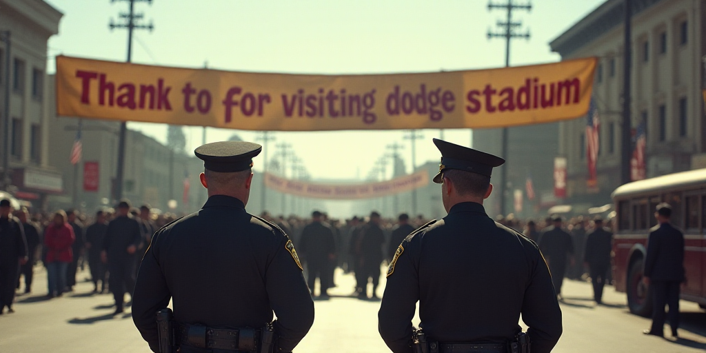 two police officers standing in front of a crowd of people on a street with a banner that reads than