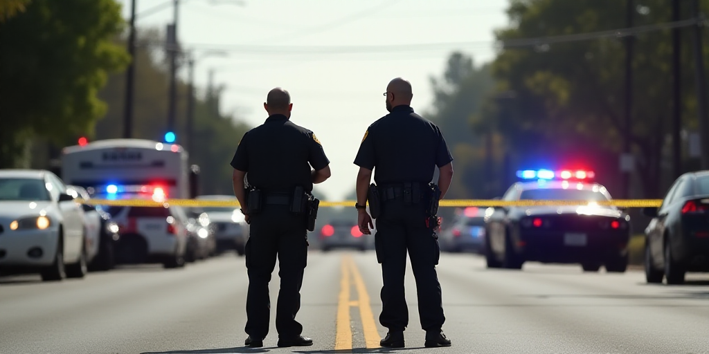two police officers standing in the middle of a street with emergency vehicles in the background and