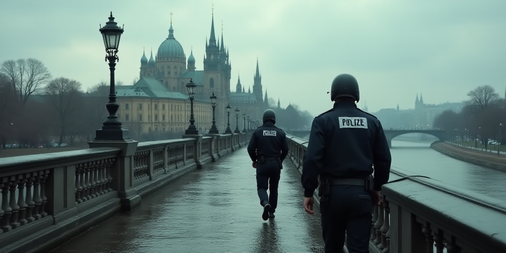 two police officers walking on a bridge over a river in a city with a castle in the background and a