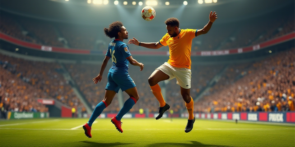 two soccer players are jumping to head the ball during a game in front of a crowd of people watching