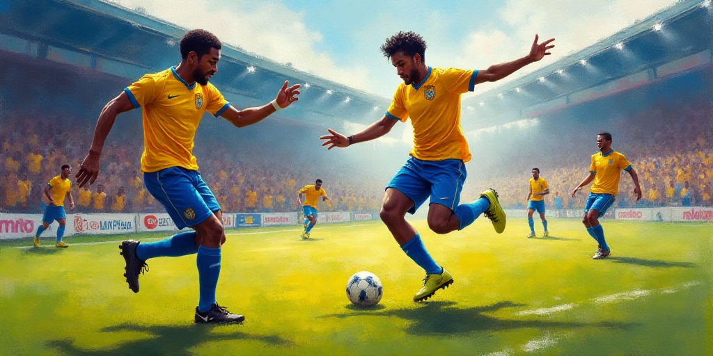 two soccer players are playing soccer in front of a crowd of people in yellow and blue uniforms and