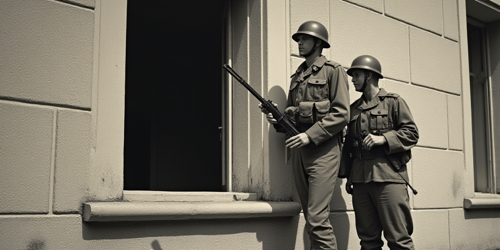two soldiers standing on a ledge with guns in their hands and looking out the window of a building w