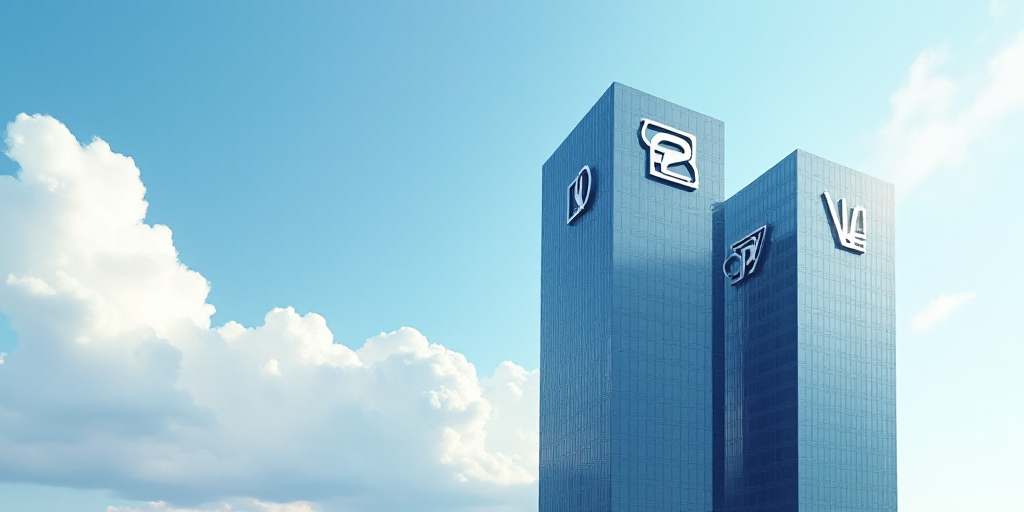 two tall buildings with a vector logo on the side of them and a sky background with clouds, Cornelis