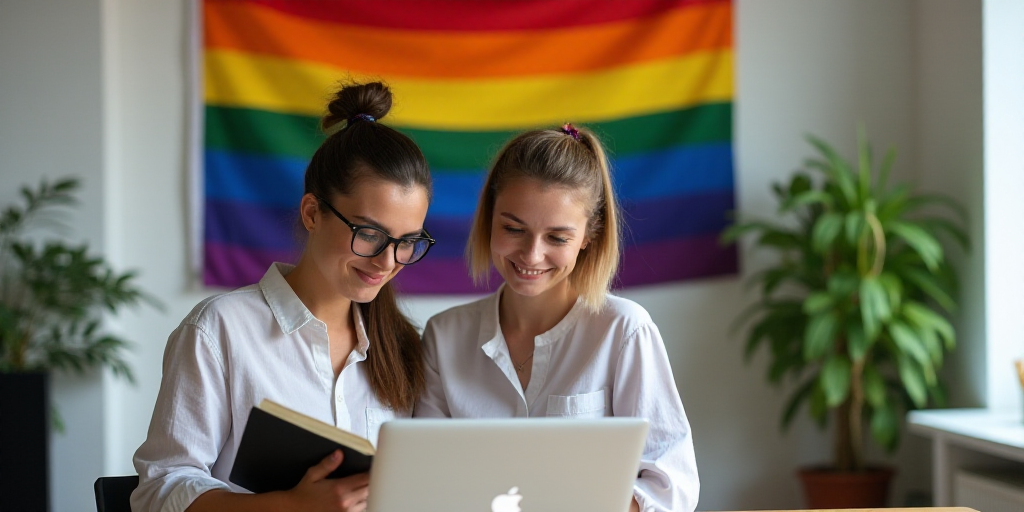 two women in a room with a laptop and a rainbow flag on the wall behind them, one of them is holding