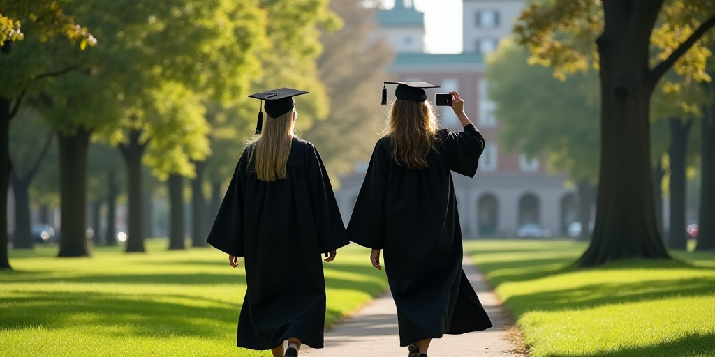 two women in graduation gowns are walking in a park with trees and buildings in the background, one