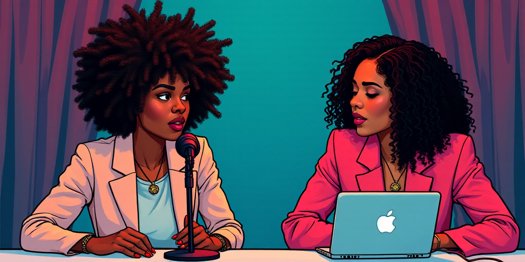 two women sitting at a table with laptops in front of them and a microphone in front of them, Aracel