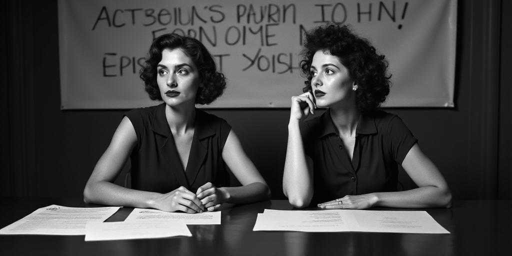 two women sitting at a table with papers in front of them and a sign behind them that says,, Ada Gla