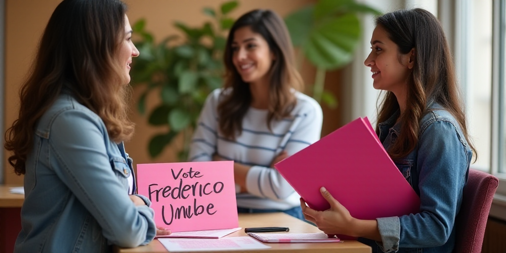 two women standing at a table with a sign on it that says, vote union, and a woman holding a pink fo