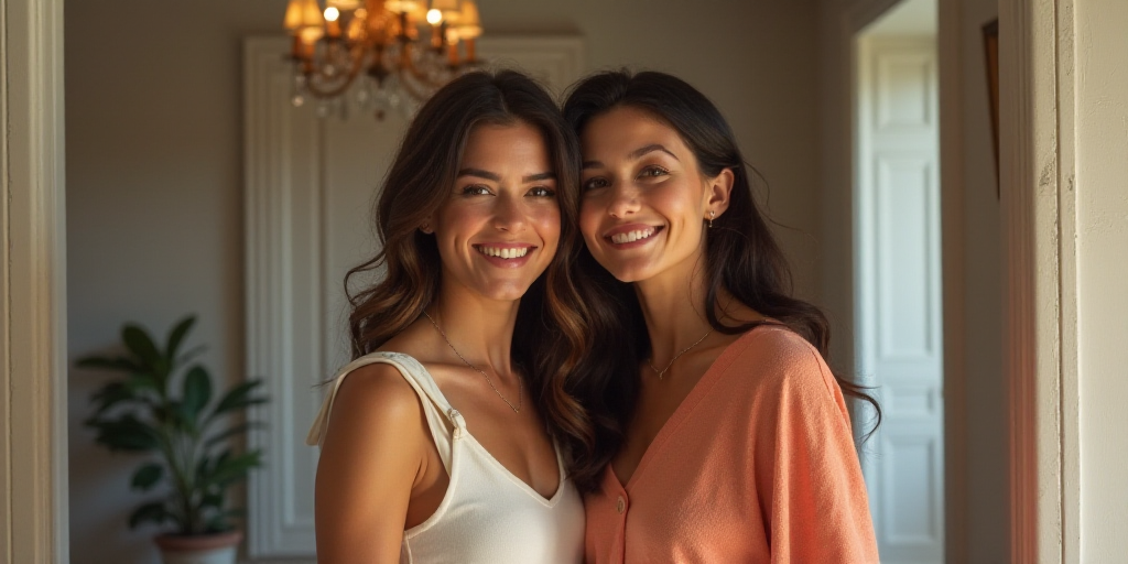 two women standing next to each other smiling for a picture together in a room with a doorway and a