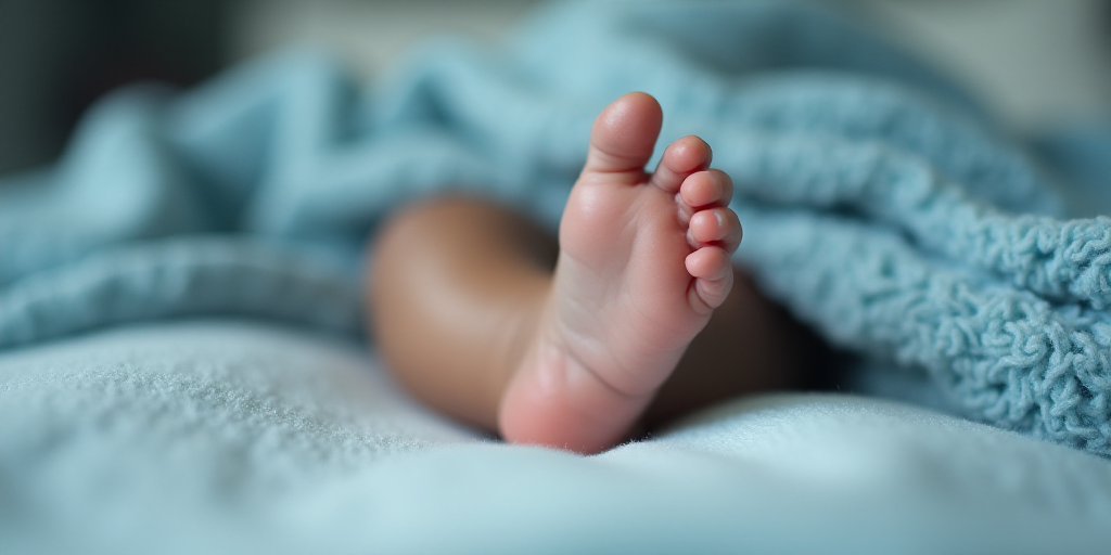a baby's foot is laying on a blanket with a blue blanket behind it and a blue blanket behind it, Esa