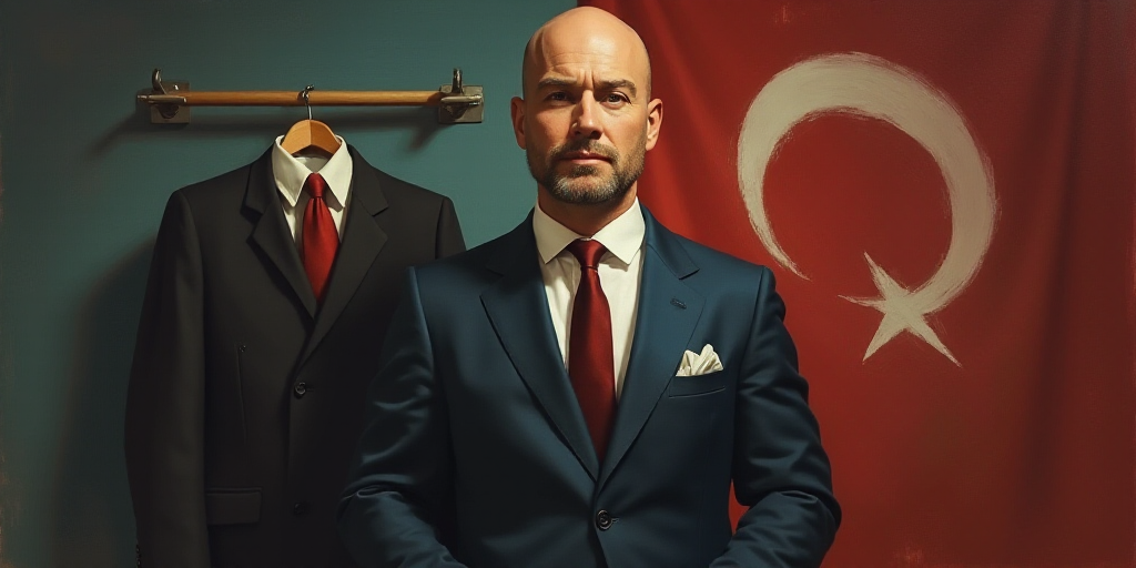 a bald man in a suit and tie standing in front of a flag and a coat on a coat rack, Americo Makk, ho