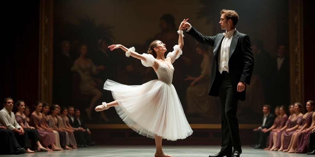 a ballerina is performing on stage with a group of people watching her and a man in a suit, Elizabet