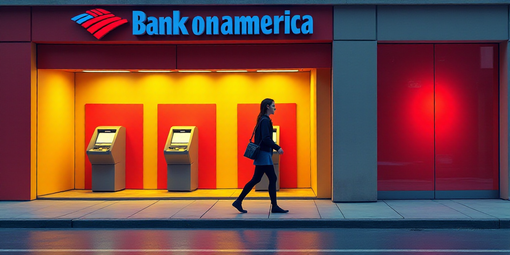 a bank of america store front with a woman walking by it and a red and yellow background with a red