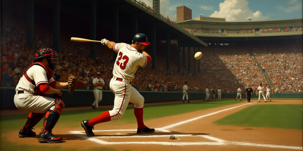 a baseball player swinging a bat at a ball during a game with a crowd watching from the stands behin