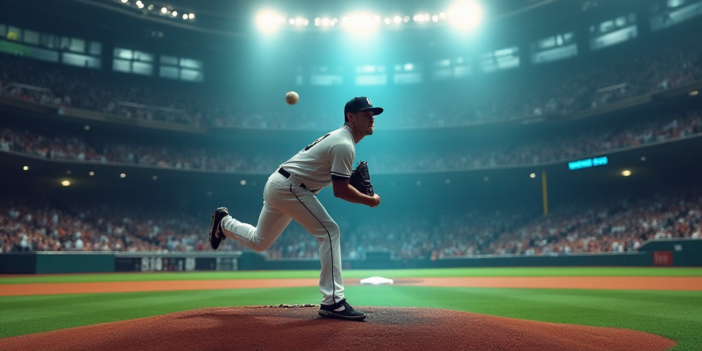 a baseball player throwing a ball in a stadium with a crowd watching him from the stands and a crowd
