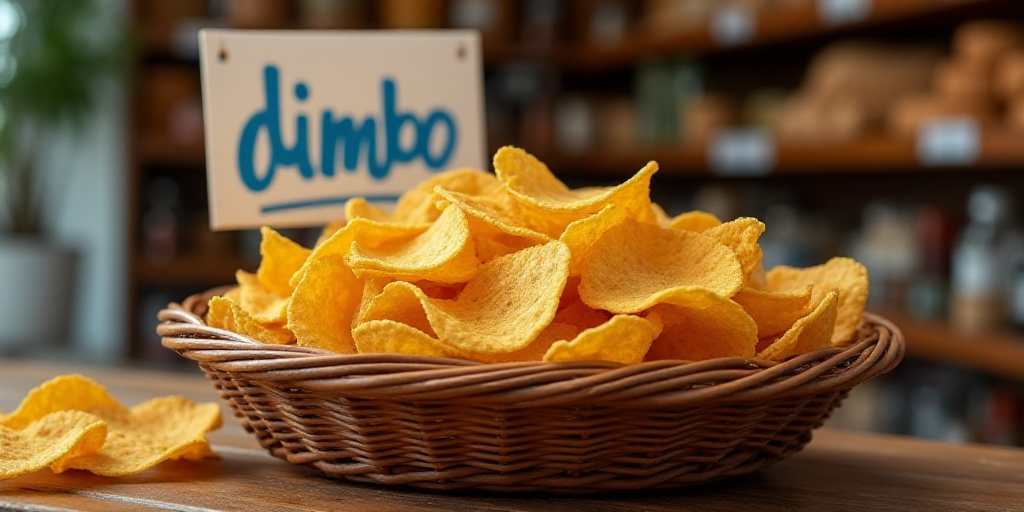 a basket full of chips and other snacks on a table in a store with a sign behind it that says dimbo,