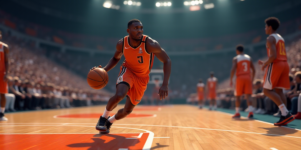 a basketball player dribbling a basketball during a game with a crowd watching him from the sideline