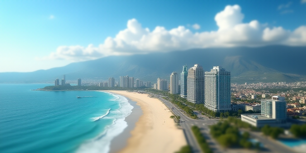 a beach and a city with tall buildings in the background and a blue sky with clouds in the backgroun