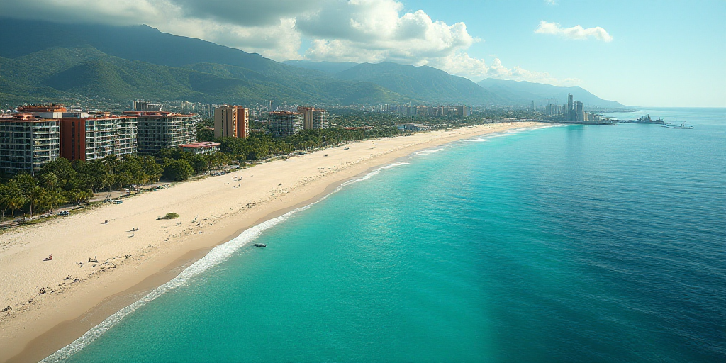 a beach with a bunch of buildings next to it and a body of water in the background with a few boats