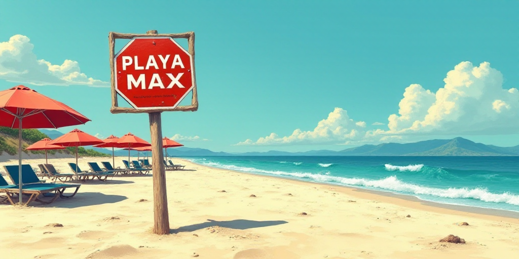 a beach with umbrellas and a sign that says playa max on it and a beach with umbrellas, Aquirax Uno,