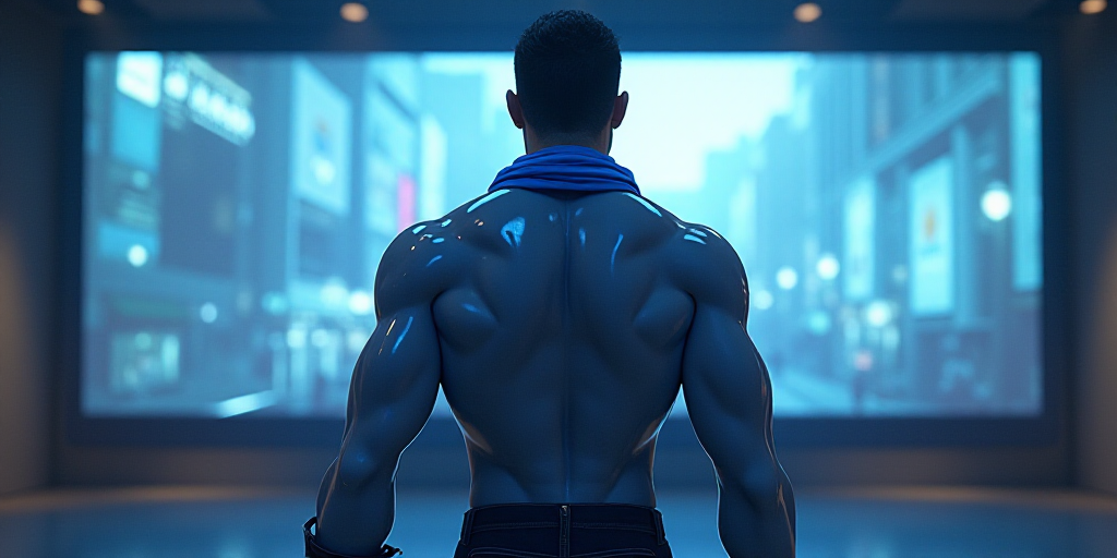 a big hero character is standing in front of a large screen with a blue ribbon around his neck and a