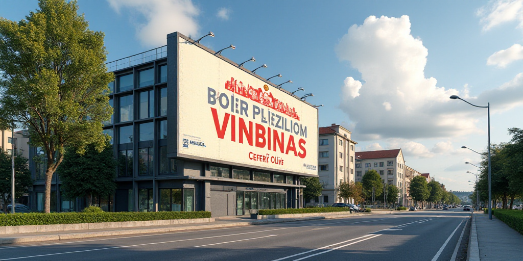 a billboard on a building advertising a company in french and english language, with a picture of a