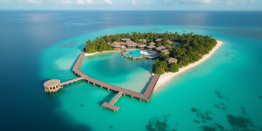 a bird's eye view of a resort and a lagoon in the middle of the ocean with a dock, Carl Hoppe, aeria