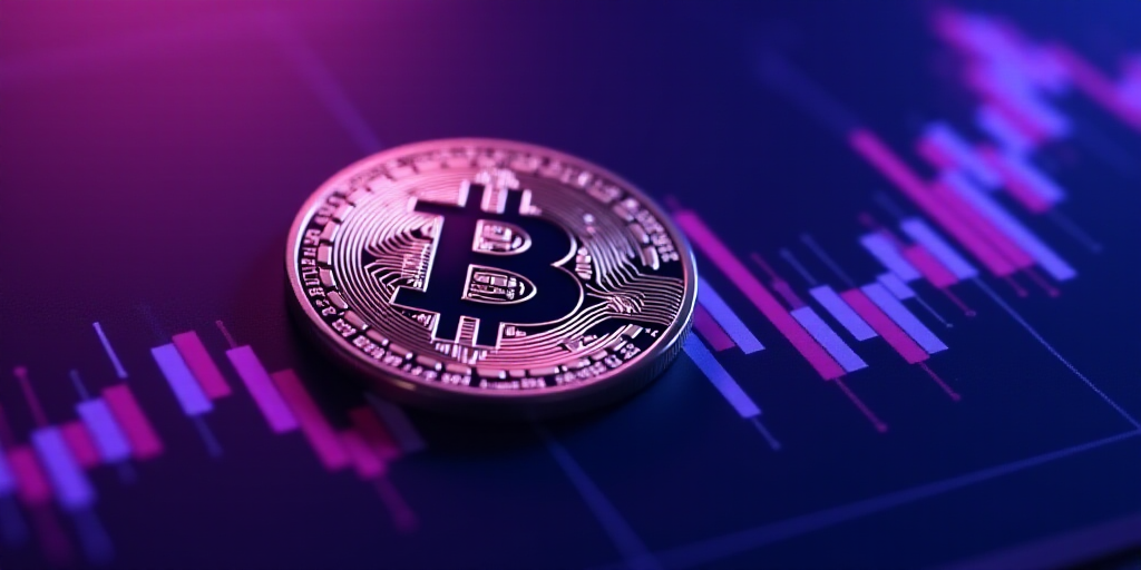 a bitcoin on a stock chart with a purple background and a blue and purple background with a line gra
