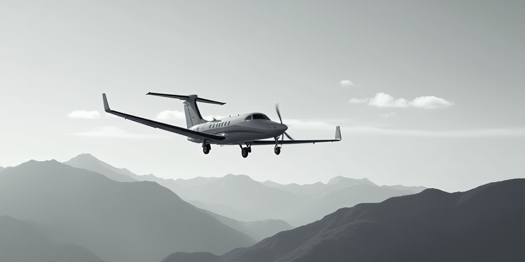 a black and white photo of a small plane flying in the sky with mountains in the background and a bl