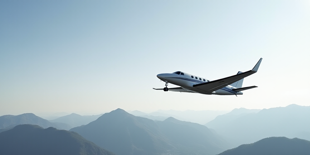 a black and white photo of a small plane flying in the sky with mountains in the background and a bl