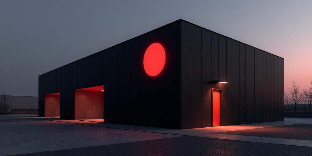 a black building with a red logo on it's side and a street light in front of it, Aramenta Dianthe Va