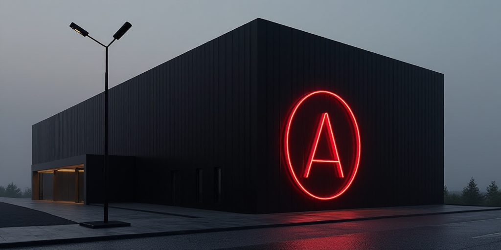 a black building with a red logo on it's side and a street light in front of it, Aramenta Dianthe Va