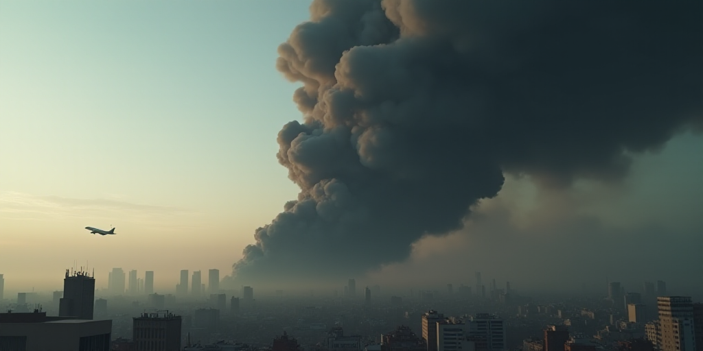 a black cloud of smoke rises above a city skyline in the distance, with a plane in the foreground, B