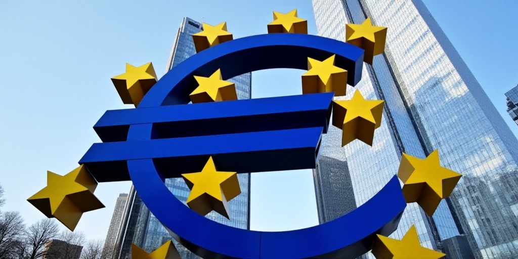 a blue and gold euro sign in front of a tall building with stars on it's side and a blue sky backgro
