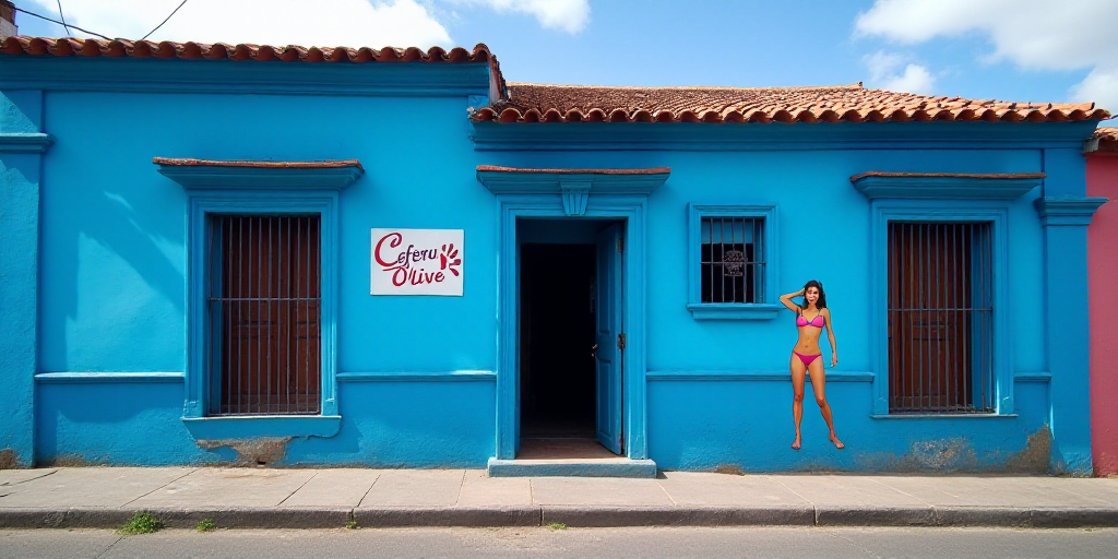 a blue building with a sign on the side of it that says, in spanish, there is a woman in a bikini, C