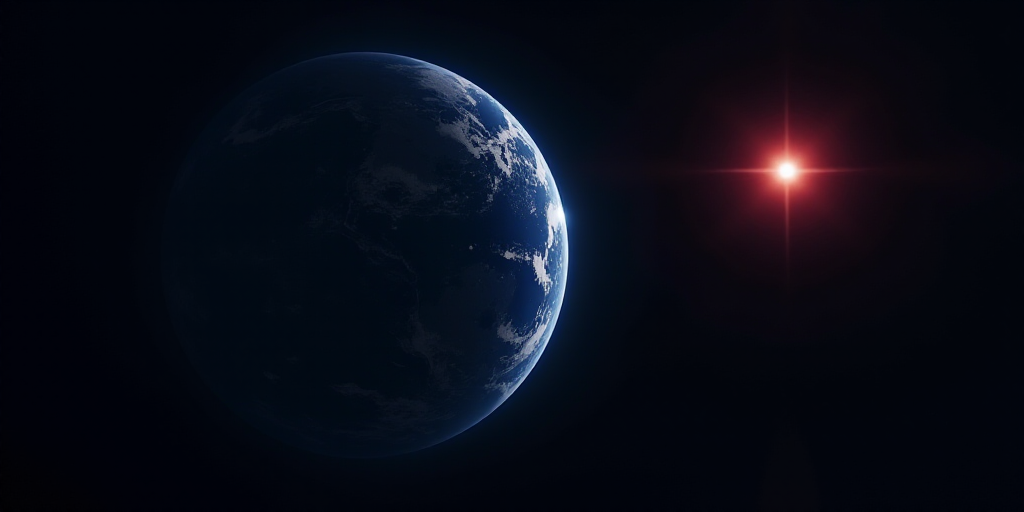 a blue planet with a red star in the background and a black background with a white dot in the cente