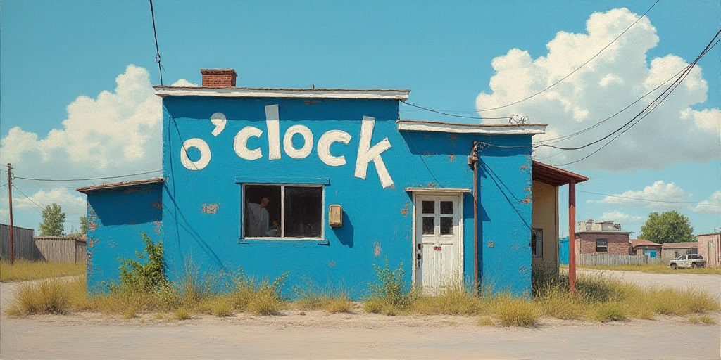 a blue sign on the side of a building that says o'clock and o'clock is on the side of the building,