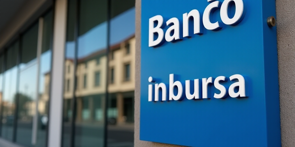 a blue sign that reads banco inbursa in front of a building with glass windows and a reflection of a