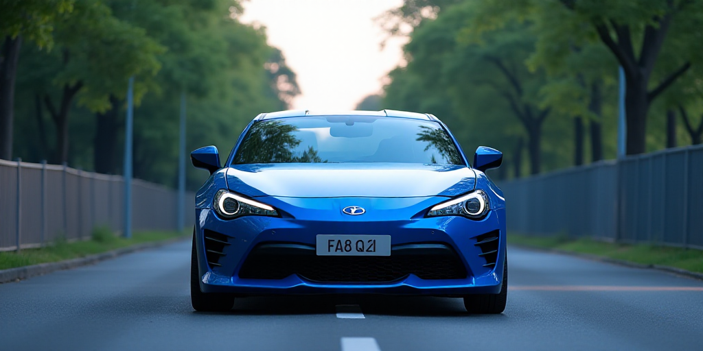 a blue sports car parked on a road in front of trees and a fence with a license plate on it, Fan Qi,