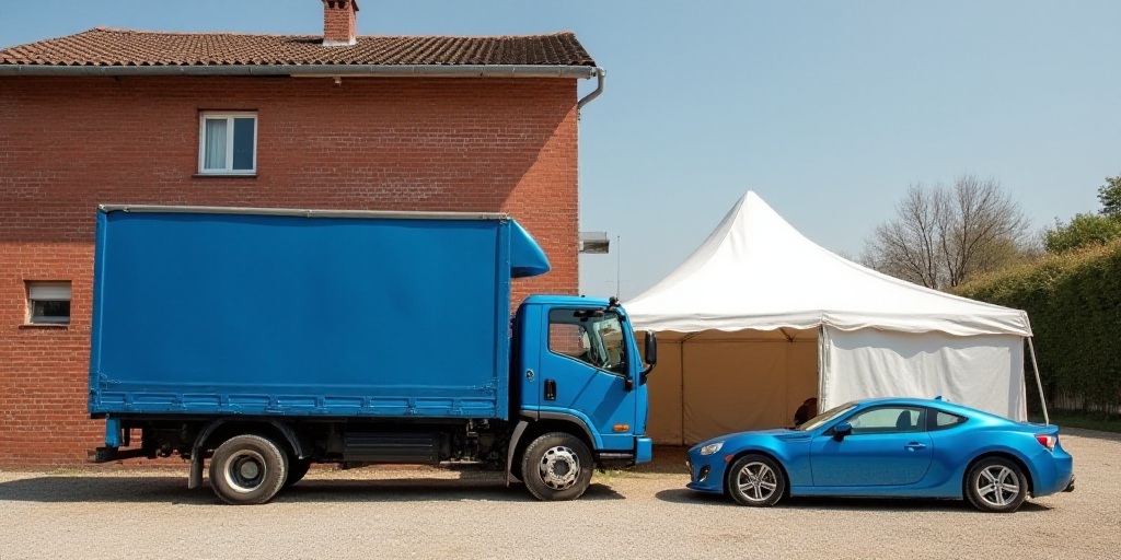 a blue truck parked next to a brick building with a white tent in the background and a blue car park
