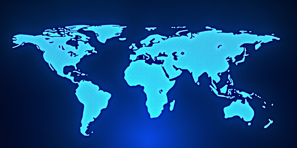 a blue world map with a lot of dollar signs on it and a blue background with a blue glow, Andries St