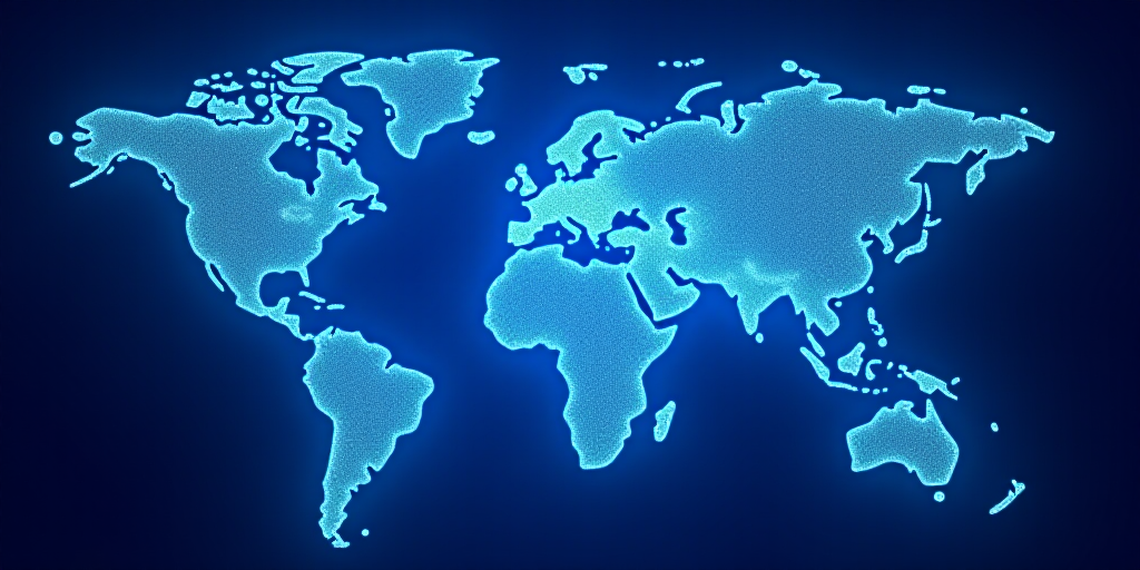 a blue world map with a lot of dollar signs on it and a blue background with a blue glow, Andries St