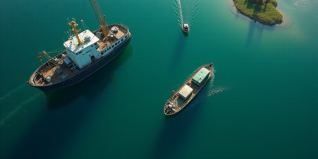 a boat and a boat in the water with a green marker on it's side and a smaller boat in the water with