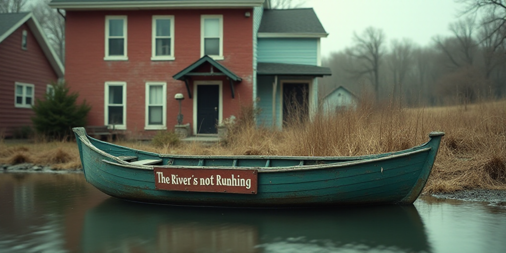 a boat is parked in front of a building with a sign on it that says the river is not running, Darrel