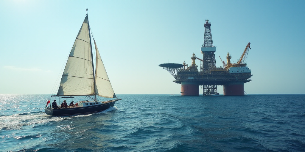 a boat sailing in the ocean near a large oil rig and a boat with a sailboat in front of it, Evelyn A