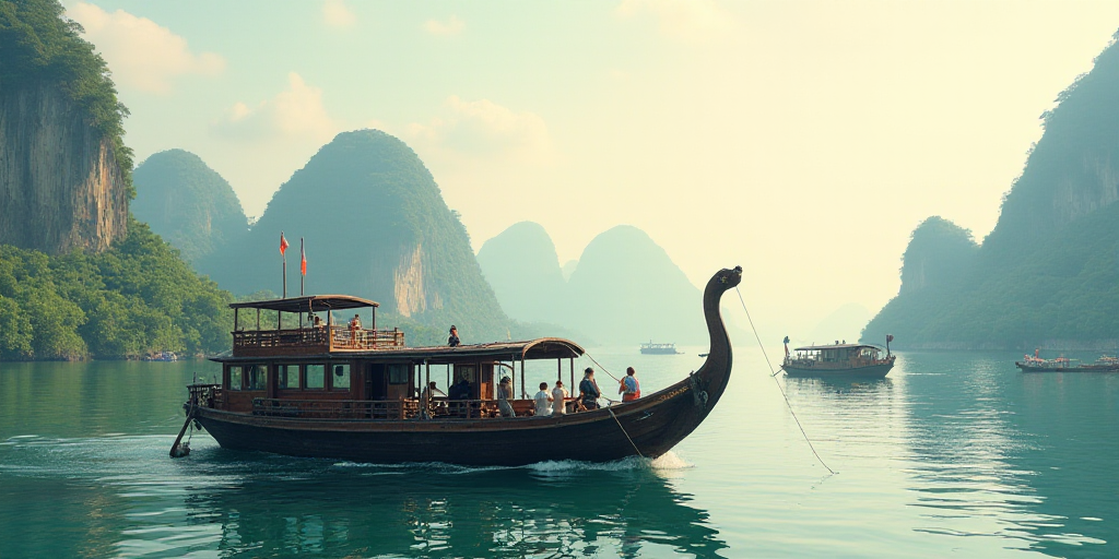 a boat with a long tail is in the water with people on it and a boat with a long tail is in the wate